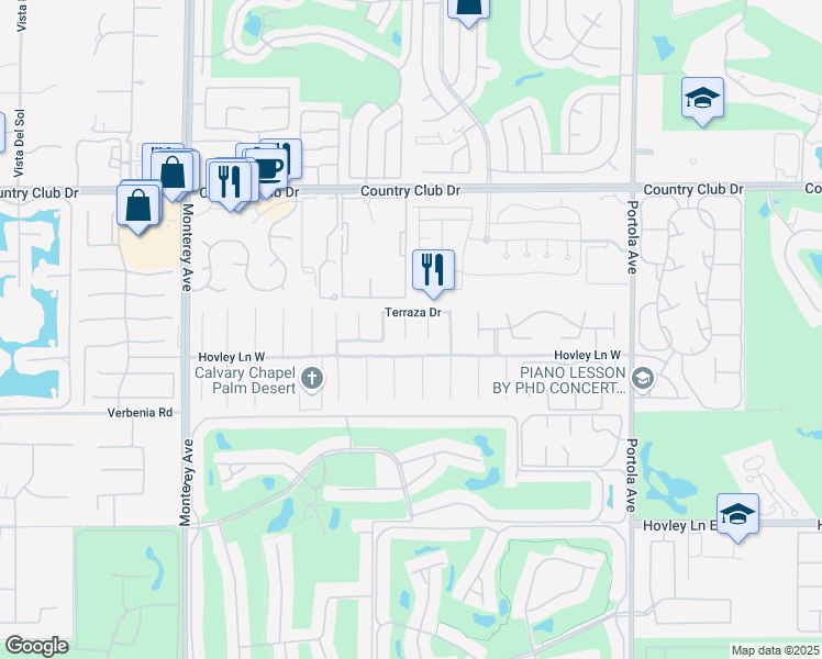 map of restaurants, bars, coffee shops, grocery stores, and more near 40652 Baranda Court in Palm Desert