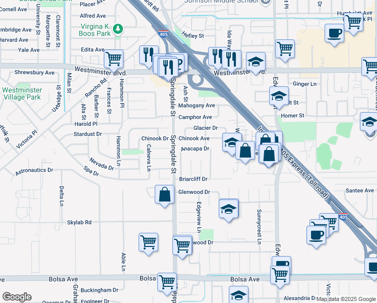 map of restaurants, bars, coffee shops, grocery stores, and more near 14391 Danes Circle in Huntington Beach