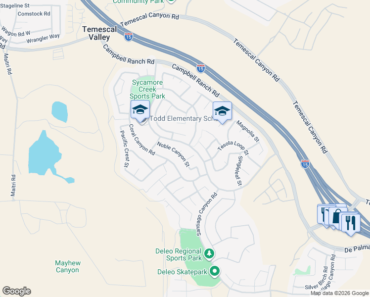 map of restaurants, bars, coffee shops, grocery stores, and more near 11119 Iris Court in Corona