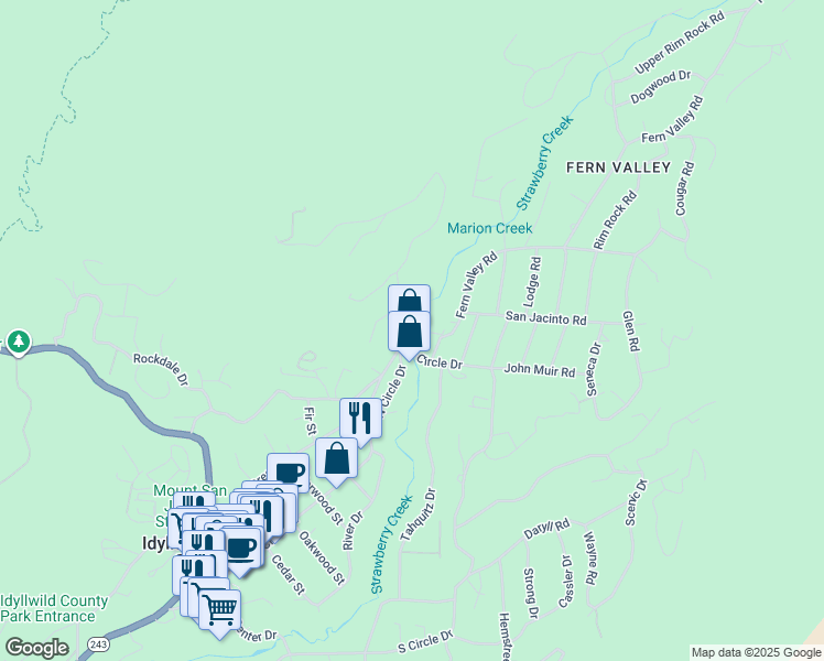 map of restaurants, bars, coffee shops, grocery stores, and more near 54960 Pine Crest Avenue in Idyllwild-Pine Cove