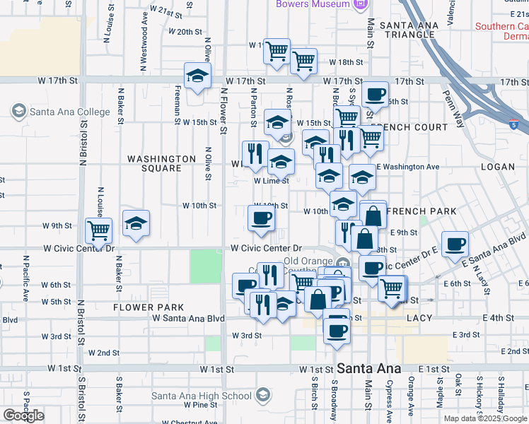 map of restaurants, bars, coffee shops, grocery stores, and more near 835 North Parton Street in Santa Ana