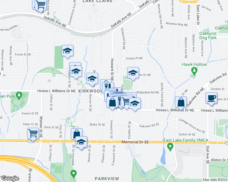 map of restaurants, bars, coffee shops, grocery stores, and more near 57 Howard Street Northeast in Atlanta