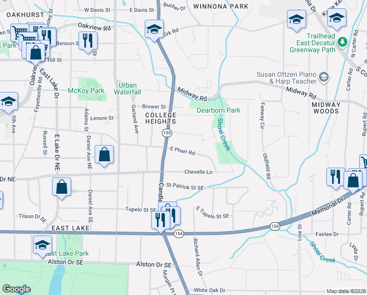 map of restaurants, bars, coffee shops, grocery stores, and more near 2929 Pharr Road East in Decatur