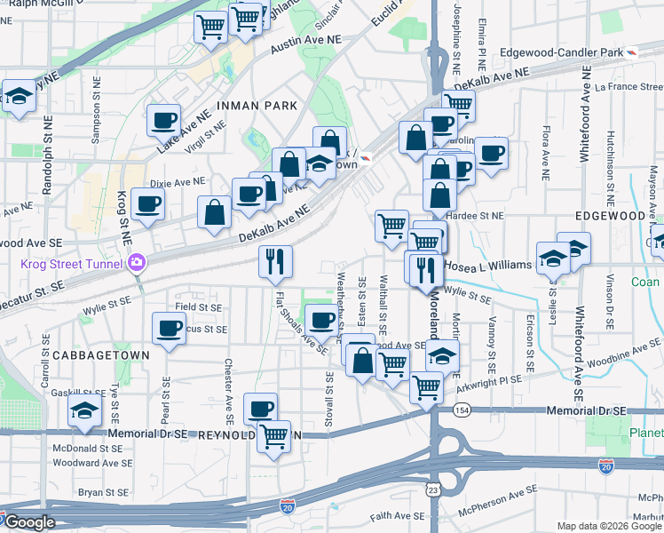 map of restaurants, bars, coffee shops, grocery stores, and more near 60 Moda Lane in Atlanta