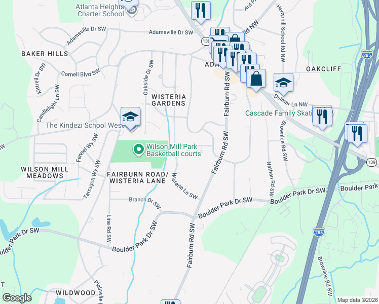 map of restaurants, bars, coffee shops, grocery stores, and more near 3789 Brook Way Southwest in Atlanta