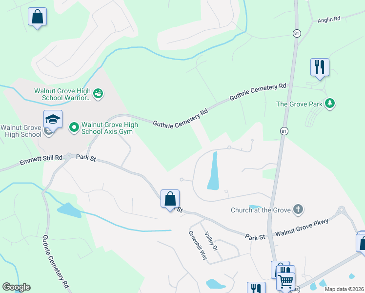 map of restaurants, bars, coffee shops, grocery stores, and more near 4530 Guthrie Cemetery Road in Loganville