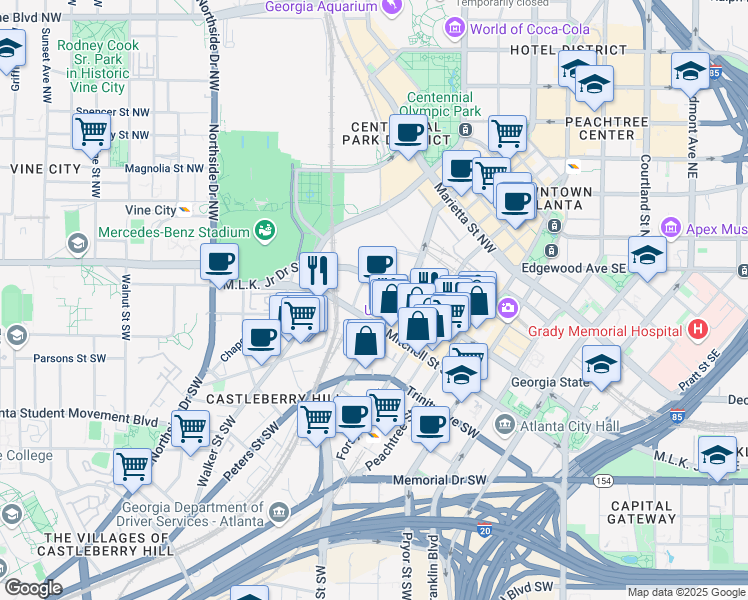 map of restaurants, bars, coffee shops, grocery stores, and more near 75 Spring Street Northwest in Atlanta