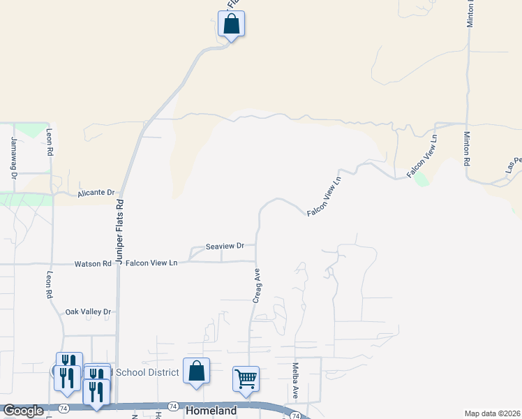map of restaurants, bars, coffee shops, grocery stores, and more near Falcon View Lane in Homeland