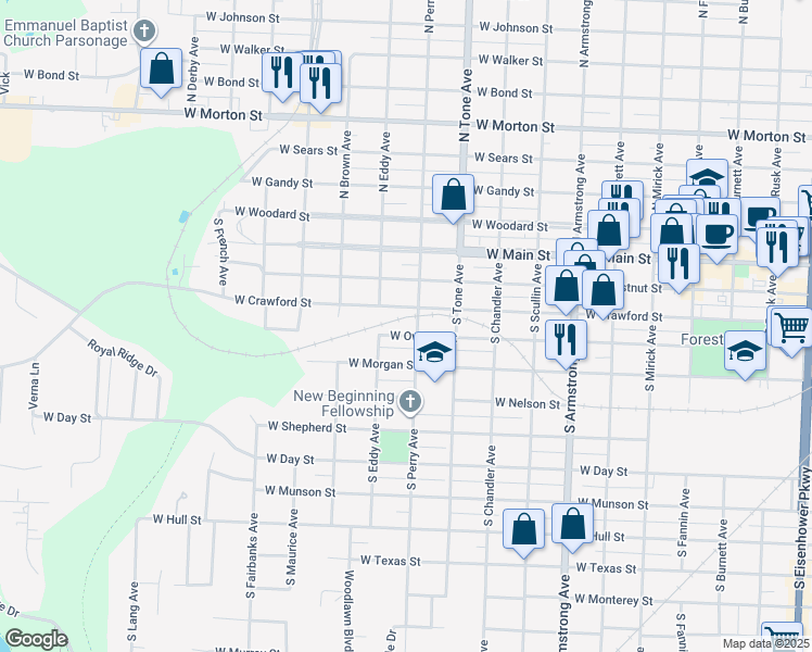 map of restaurants, bars, coffee shops, grocery stores, and more near 1222 West Owings Street in Denison
