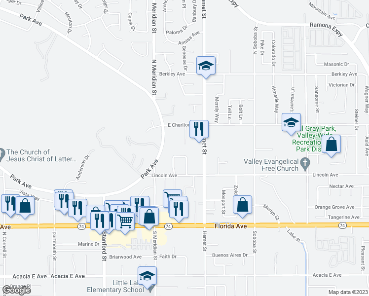 map of restaurants, bars, coffee shops, grocery stores, and more near 425 Michelle Lane in Hemet