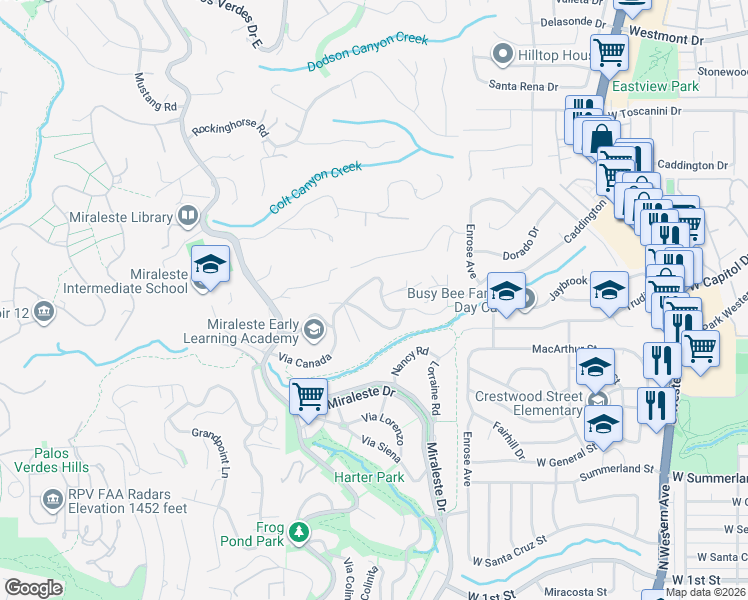 map of restaurants, bars, coffee shops, grocery stores, and more near 6601 Via De Anzar in Rancho Palos Verdes