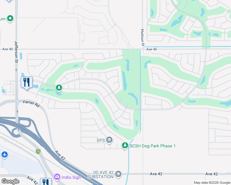map of restaurants, bars, coffee shops, grocery stores, and more near 80775 Camino Santa Paula in Indio