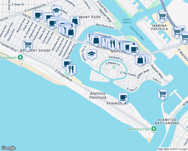 map of restaurants, bars, coffee shops, grocery stores, and more near 35 Geneva Walk in Long Beach