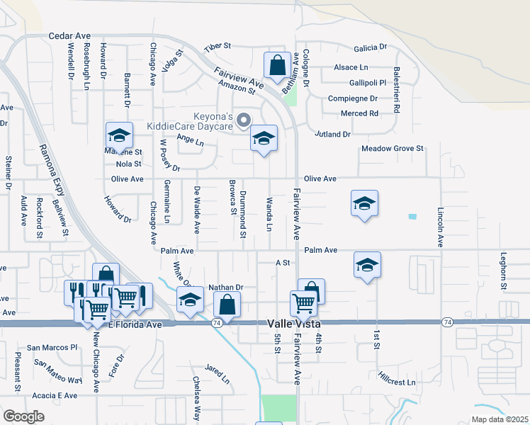 map of restaurants, bars, coffee shops, grocery stores, and more near 25369 Wanda Lane in Hemet