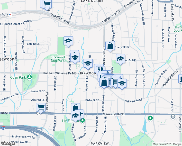 map of restaurants, bars, coffee shops, grocery stores, and more near 1892 Hosea L Williams Drive Northeast in Atlanta