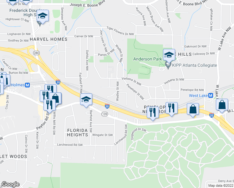 map of restaurants, bars, coffee shops, grocery stores, and more near 34 Wadley Street Northwest in Atlanta