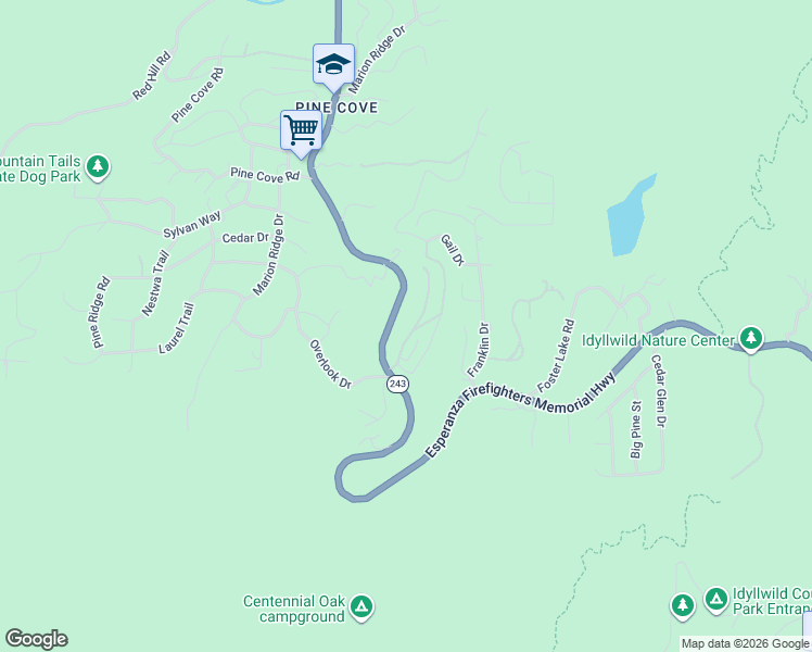 map of restaurants, bars, coffee shops, grocery stores, and more near Lakeview Drive in Idyllwild-Pine Cove