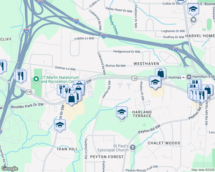 map of restaurants, bars, coffee shops, grocery stores, and more near 49 Harlan Road Southwest in Atlanta