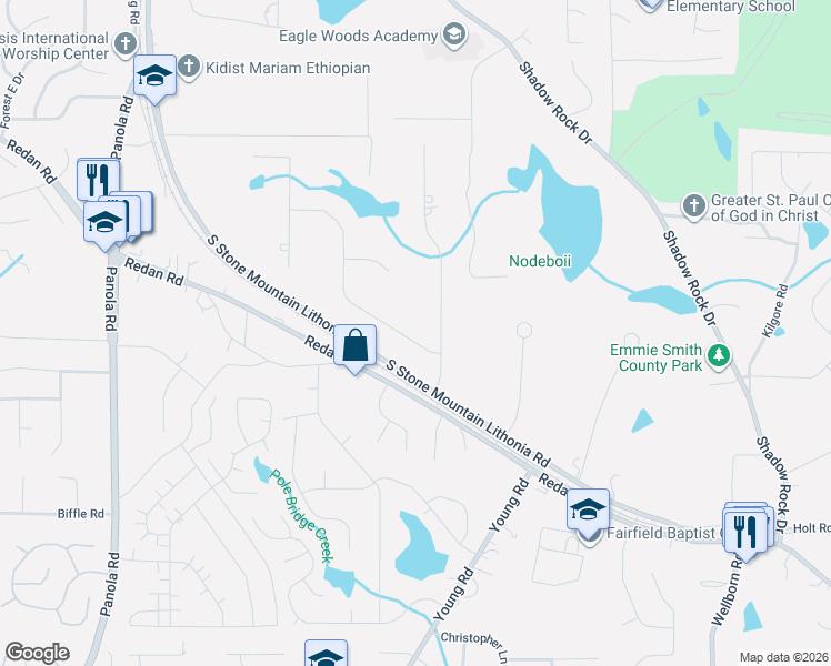 map of restaurants, bars, coffee shops, grocery stores, and more near 1417 Greenridge Trail in Lithonia
