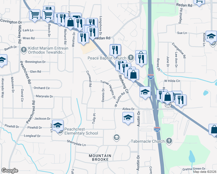 map of restaurants, bars, coffee shops, grocery stores, and more near 3723 Turner Heights Drive in Decatur