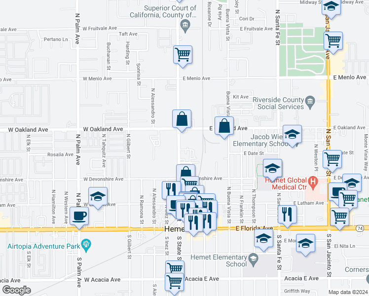 map of restaurants, bars, coffee shops, grocery stores, and more near 410 North State Street in Hemet