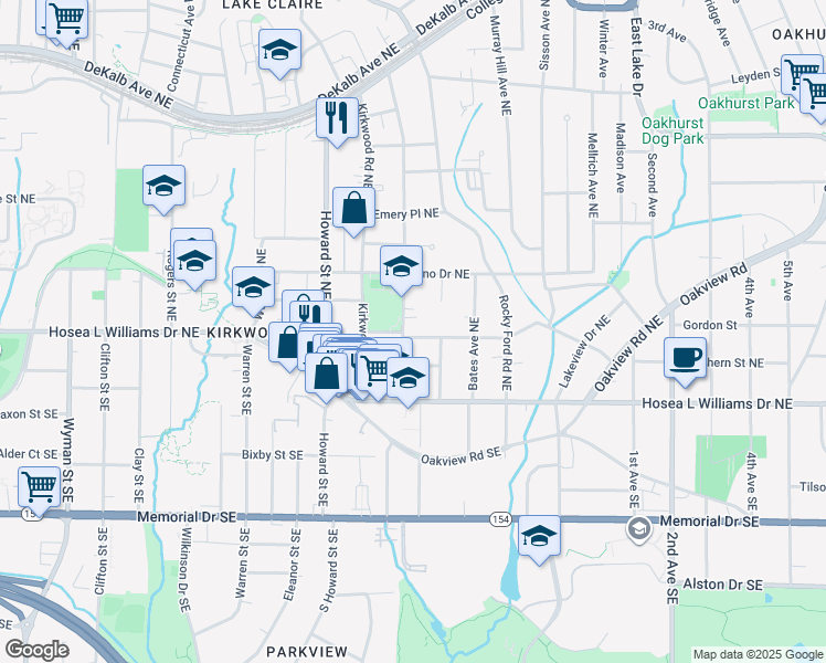 map of restaurants, bars, coffee shops, grocery stores, and more near 2077 Ridgedale Road Northeast in Atlanta