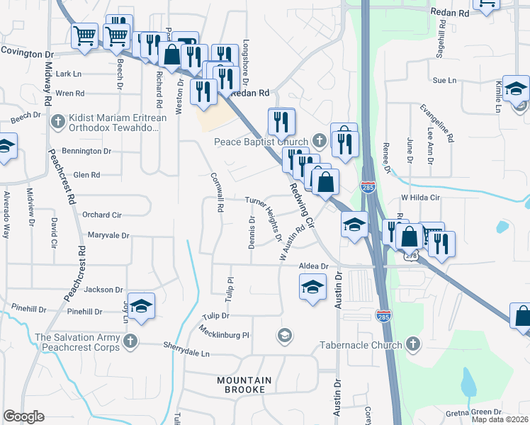 map of restaurants, bars, coffee shops, grocery stores, and more near 3723 Turner Heights Drive in Decatur