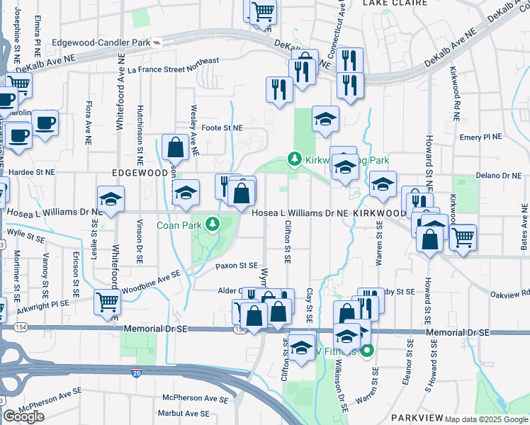 map of restaurants, bars, coffee shops, grocery stores, and more near Hosea L Williams Drive Northeast & Wyman Street Southeast in Atlanta