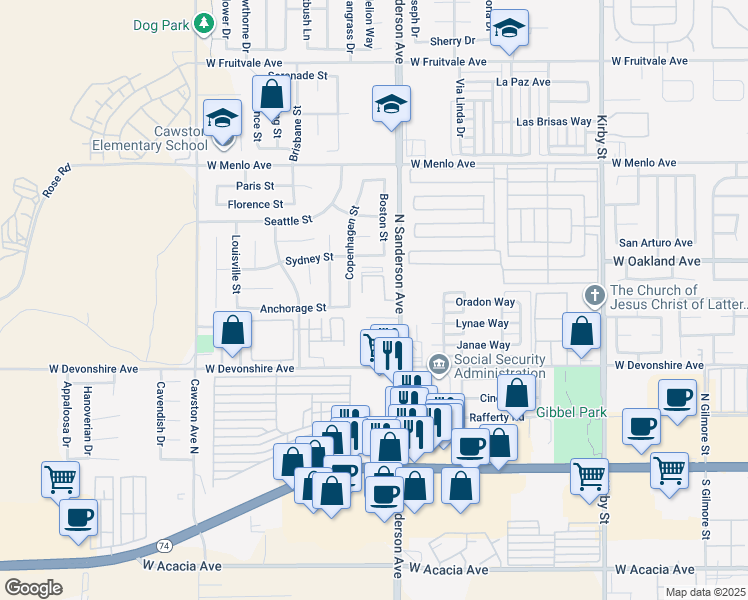 map of restaurants, bars, coffee shops, grocery stores, and more near 441 Westminster Place in Hemet