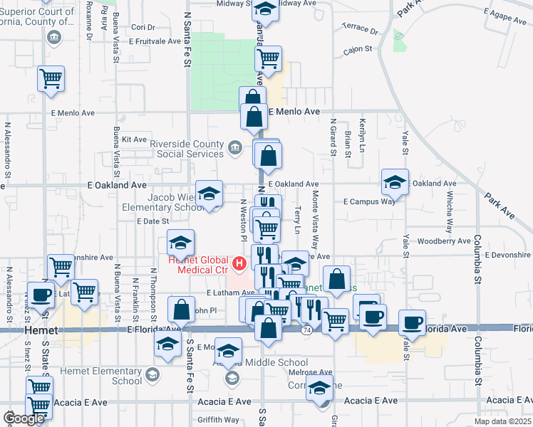 map of restaurants, bars, coffee shops, grocery stores, and more near 380 North San Jacinto Street in Hemet