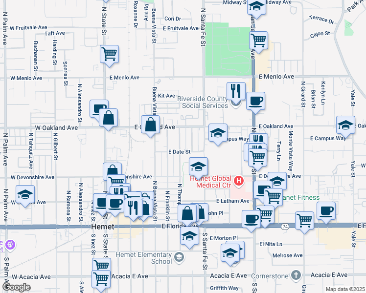 map of restaurants, bars, coffee shops, grocery stores, and more near 369 North Thompson Street in Hemet