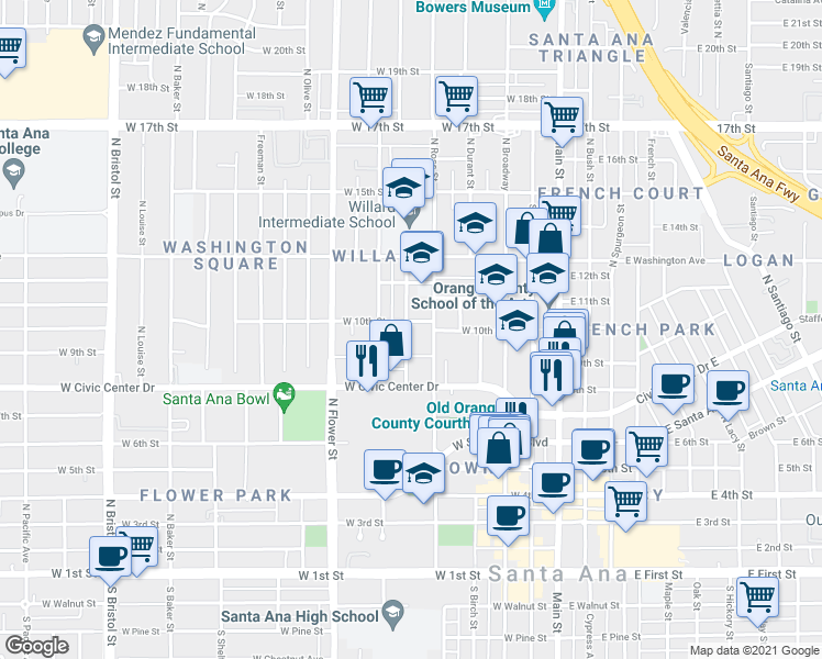 map of restaurants, bars, coffee shops, grocery stores, and more near 840 North Ross Street in Santa Ana