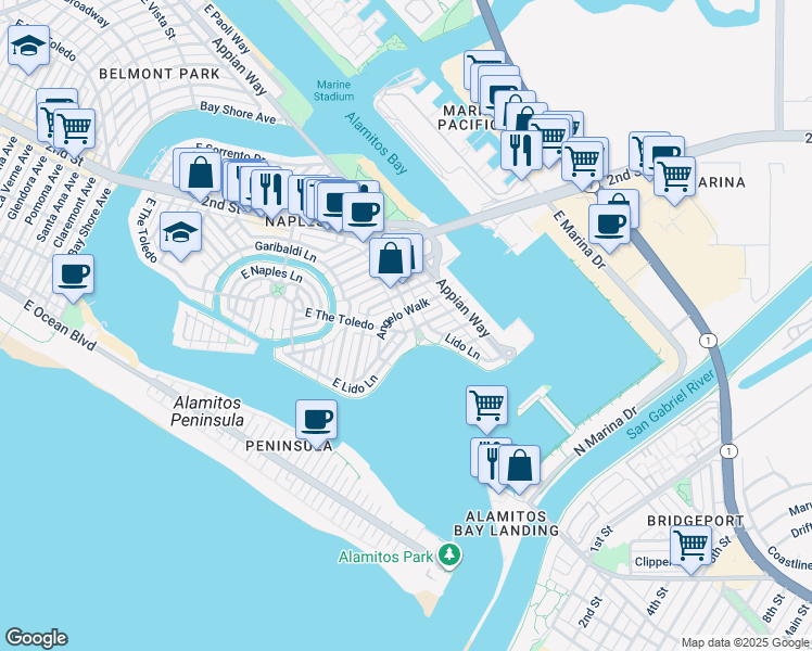 map of restaurants, bars, coffee shops, grocery stores, and more near 5980 East The Toledo in Long Beach