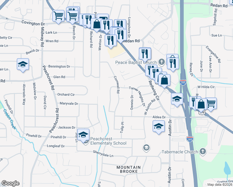 map of restaurants, bars, coffee shops, grocery stores, and more near 1373 Cornwall Road in Decatur
