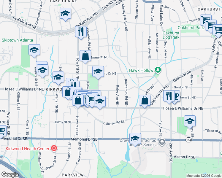 map of restaurants, bars, coffee shops, grocery stores, and more near 2127 Ridgedale Road Northeast in Atlanta