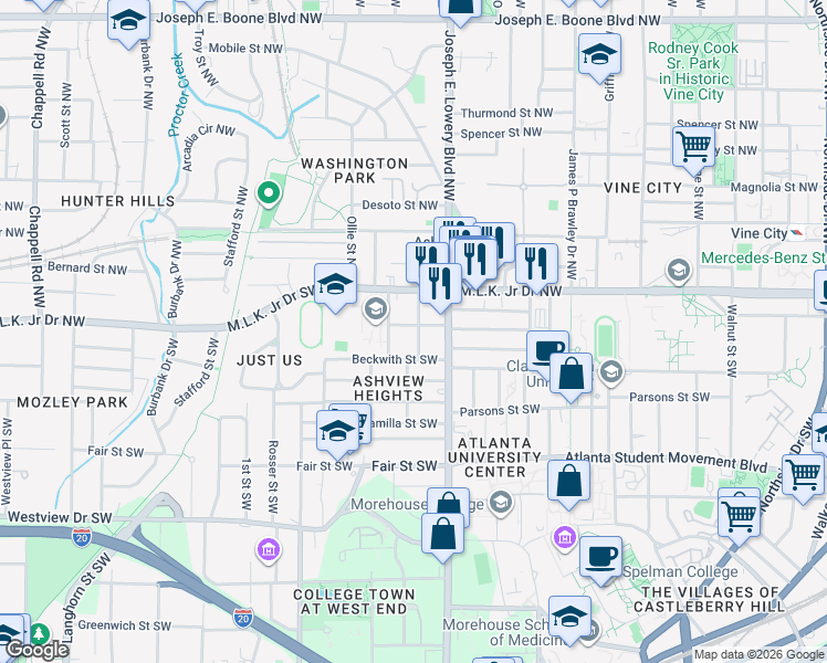 map of restaurants, bars, coffee shops, grocery stores, and more near 66 Newcastle Street Southwest in Atlanta