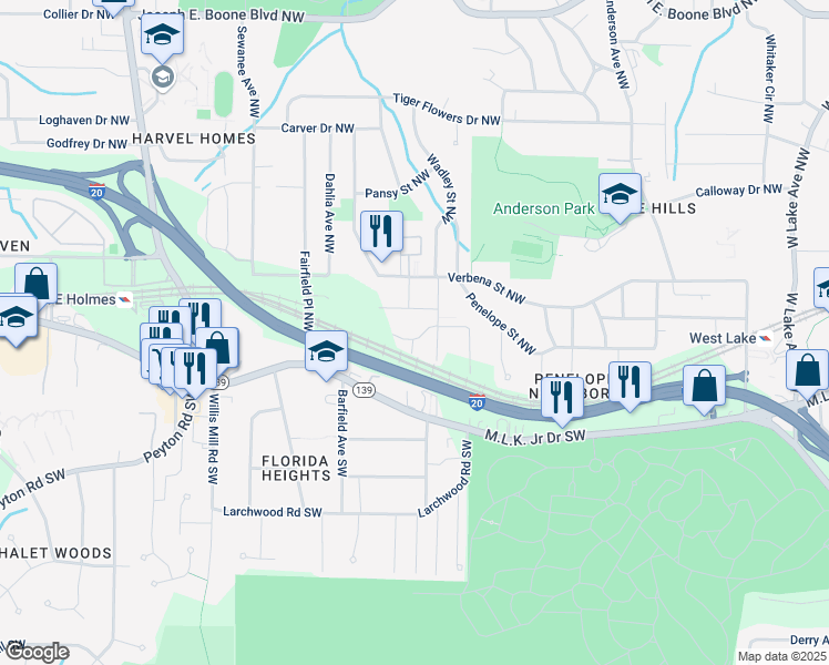 map of restaurants, bars, coffee shops, grocery stores, and more near 2171 Wilson Avenue Northwest in Atlanta
