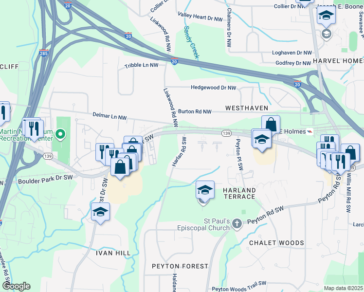map of restaurants, bars, coffee shops, grocery stores, and more near 65 Harlan Road Southwest in Atlanta