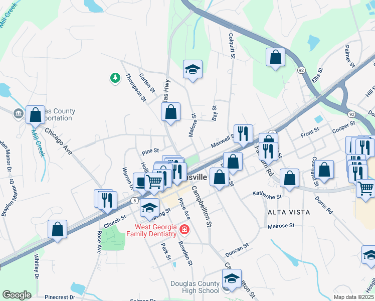 map of restaurants, bars, coffee shops, grocery stores, and more near 6648 Ridge Avenue in Douglasville