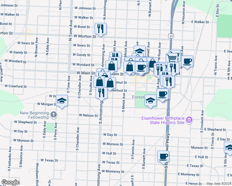 map of restaurants, bars, coffee shops, grocery stores, and more near 631 West Owings Street in Denison