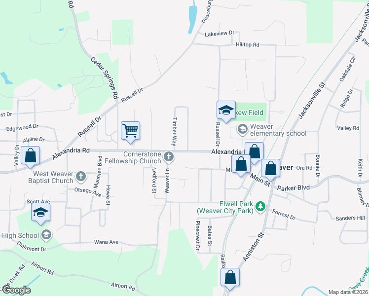 map of restaurants, bars, coffee shops, grocery stores, and more near 516 Alexandria Road in Weaver