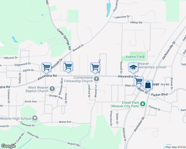 map of restaurants, bars, coffee shops, grocery stores, and more near 524 Alexandria Road in Weaver