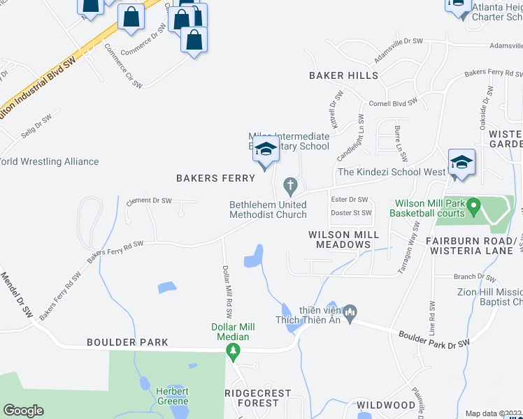 map of restaurants, bars, coffee shops, grocery stores, and more near 4245 Bakers Ferry Road Southwest in Atlanta
