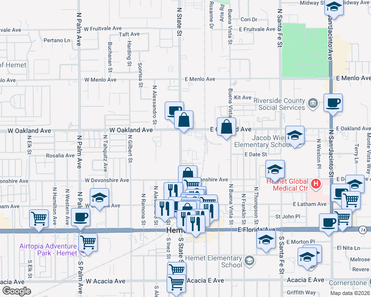 map of restaurants, bars, coffee shops, grocery stores, and more near 410 North State Street in Hemet