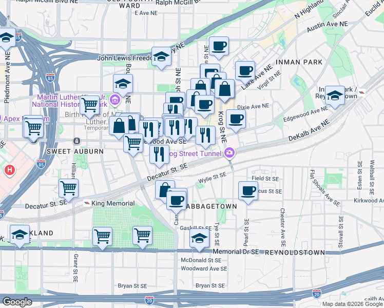 map of restaurants, bars, coffee shops, grocery stores, and more near 626 DeKalb Avenue Northeast in Atlanta