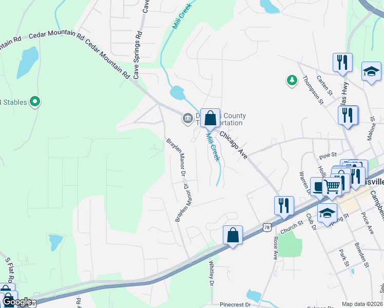 map of restaurants, bars, coffee shops, grocery stores, and more near 8488 Glenview Street in Douglasville