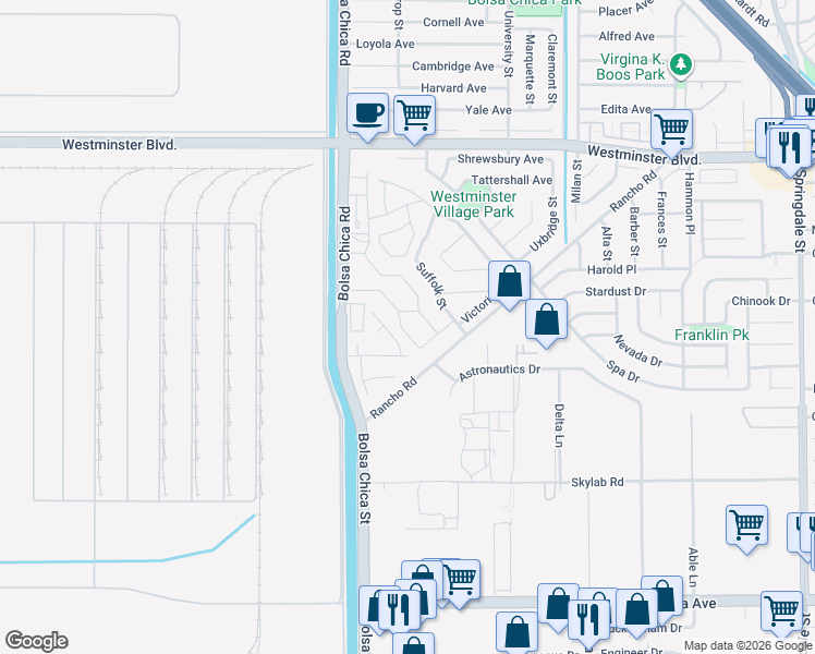 map of restaurants, bars, coffee shops, grocery stores, and more near 14422 Pimlico Road in Westminster