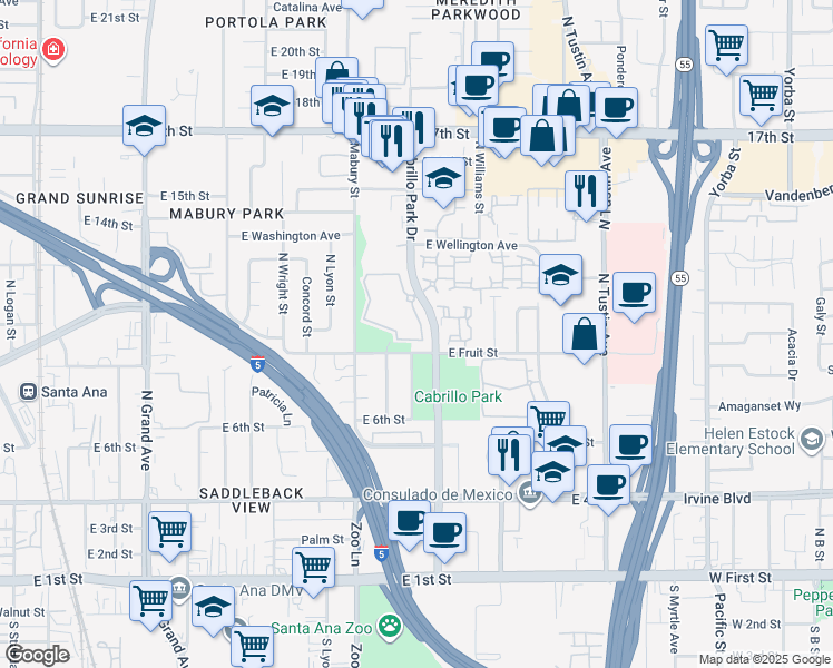 map of restaurants, bars, coffee shops, grocery stores, and more near 1016 Cabrillo Park Drive in Santa Ana