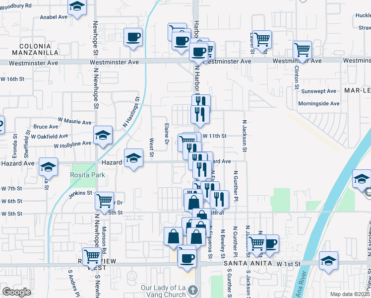 map of restaurants, bars, coffee shops, grocery stores, and more near 980 North Harbor Boulevard in Santa Ana