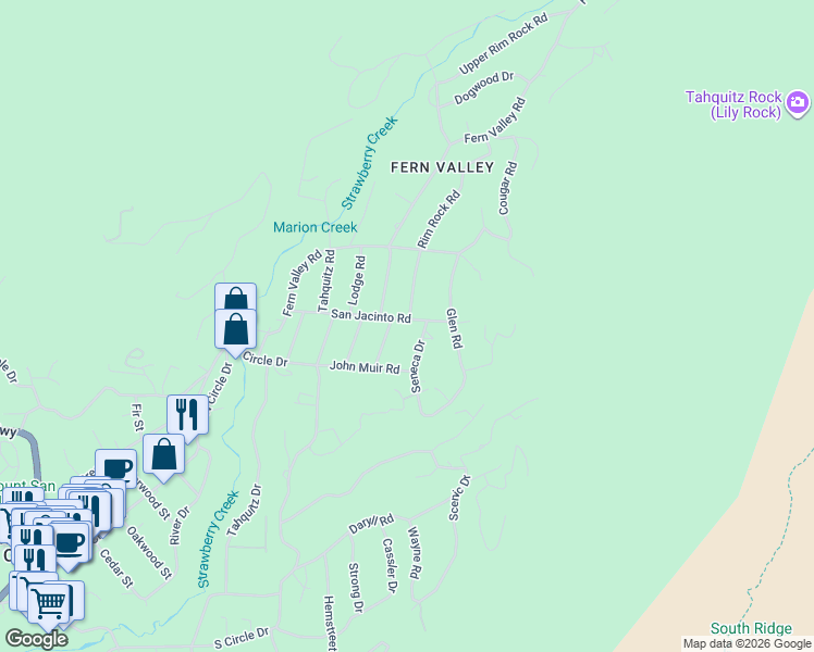 map of restaurants, bars, coffee shops, grocery stores, and more near 55135 San Jacinto Road in Idyllwild-Pine Cove